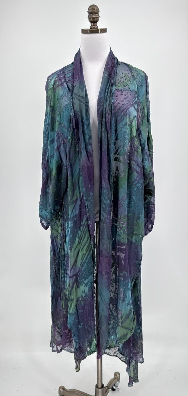 Vintage URU Blue Watercolor Tie Dye Sheer Silk Open Kimono Duster Jacket